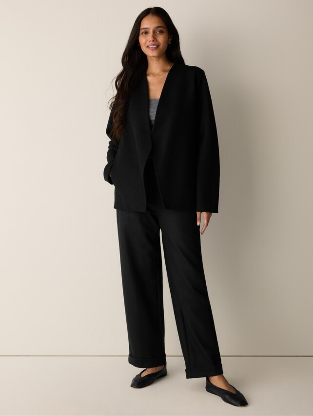 Eileen Fisher Black Tencel Open Front Cardigan Jacket Coat | Size Large